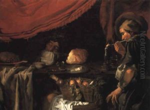 A Youth Lighting His Pipe At A Table With A Sleeping Companion by Jacob Oost the Elder
