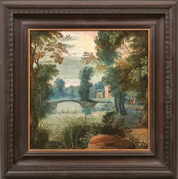 Flusslandschaft Mit Schwanen Und Hirsch Am Ufer - view 1