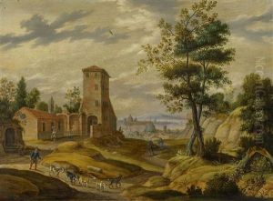 Sudliche Landschaft Mit Ziegenhirten Bei Einem Alten Kloster by Isaac Van Oosten