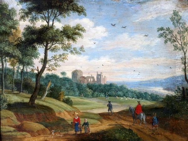 Reizigers Op Een Landweg Met Een Ruine In De Verte - view 1