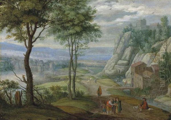 An Extensive Mountainous River Landscape With Travellers On A Path By A Watermill, A Fortified Town Beyond - view 1
