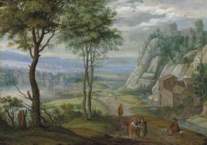 An Extensive Mountainous River Landscape With Travellers On A Path By A Watermill, A Fortified Town Beyond by Isaac Van Oosten