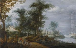 Landscape With Elegantly-dressed Figures On A Path Beside A River, With A Man And Horse In The Foreground, A Village Beyond by Isaac Van Oosten