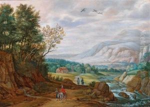 A Vast Mountainous Landscape With Travellers by Isaac Van Oosten