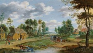 A Landscape With A Horse-drawn Cart And Travelers On A Village Road by Isaac Van Oosten