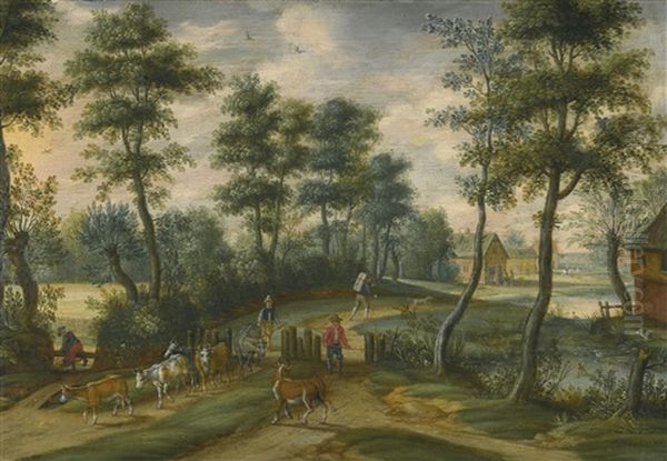 A Wooded Landscape With Drovers And Their Cattle, A Village Beyond - view 1