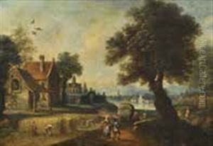 Landschaft Mit Herrensitz, Im Vordergrund Bauern Bei Der Getreideernte
