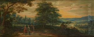 Promeneurs Sur Fond De Paysage Avec Chasseurs Et Ville Promeneurs Sur Fond De Paysage Avec Chasseurs Et Ville