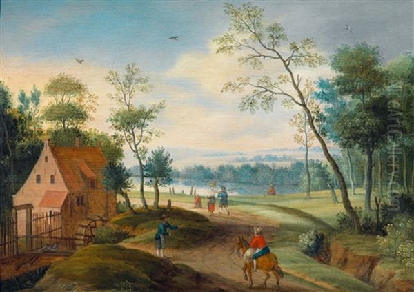 Waldlandschaft Mit Reisenden Bei Einer Wassermuhle - view 1