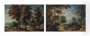 A Wooded Landscape With Figures At Rest And A Wooded Landscape With Travelers On A Track (pair) by Isaac Van Oosten