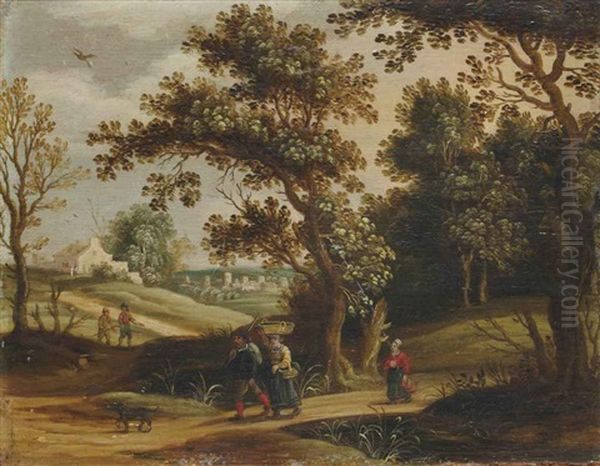Paysans Revenant Du Marche Et Cavaliers Sur Un Chemin (pair) - view 1