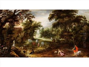 Baumlandschaft Mit Hausern, Weidetieren Und Einer Mythologischen Szenerie by Isaac Van Oosten