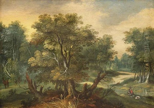 A Wooded Landscape With A Fisherman By A Stream - view 1