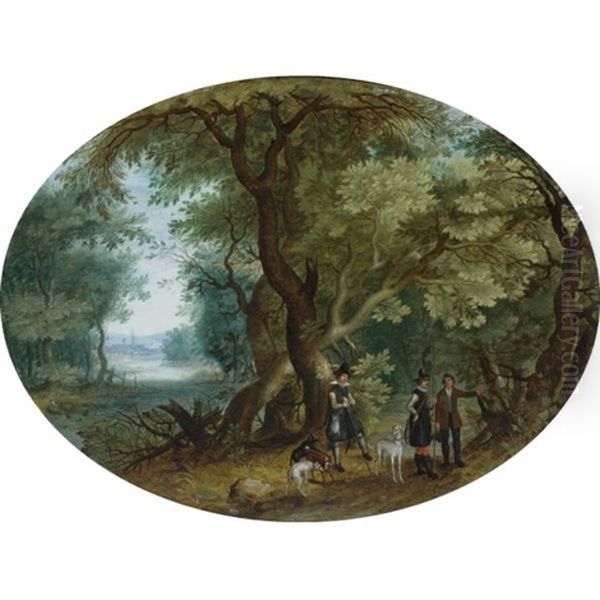 Hunters With Their Dogs In A Wooded Landscape - view 1