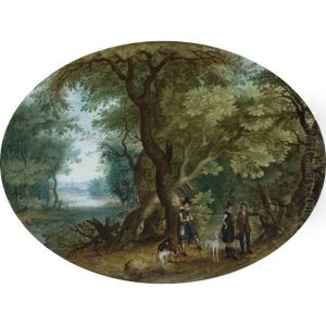 Hunters With Their Dogs In A Wooded Landscape by Isaac Van Oosten