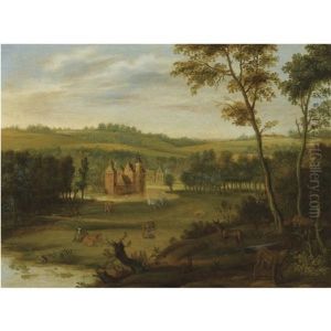 A Country Estate In A Hilly Landscape, With A Milkmaid Milking Cows, Deer And Rabbits In The Foreground by Isaac Van Oosten
