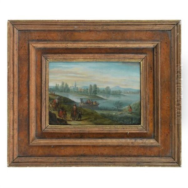 Paysage De Riviere Avec Des Voyageurs Sur Un Chemin - view 1