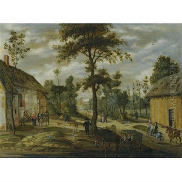 A Village Scene Outside An Inn With Two Horsemen And A Carriage Halted In The Foreground - view 1