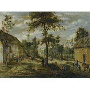 A Village Scene Outside An Inn With Two Horsemen And A Carriage Halted In The Foreground by Isaac Van Oosten