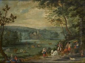 Paysage Pastoral Anime D'un Convoi De Voyageurs Et De Promeneurs