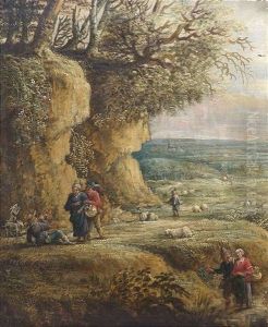Hirten Mit Schafen Und Ziegen Am Rande Einer Boschung Vor Weiter Flusslandschaft