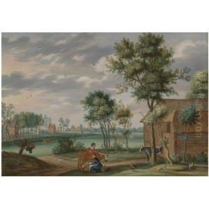 A Farmyard With A Maid Milking A Cow, Extensive Flat Pastures Beyond