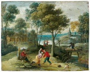 Musicien Faisant Danser Deux Couples Dans Un Paysage
