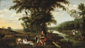 Orpheus Enchanting The Animals In A Wooded River Landscape by Isaac Van Oosten