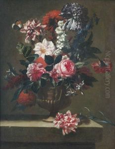 Blumenstilleben In Einer Reliefierten Henkelamphora Auf Steinpodest by Jean Baptiste Belin de Fontenay