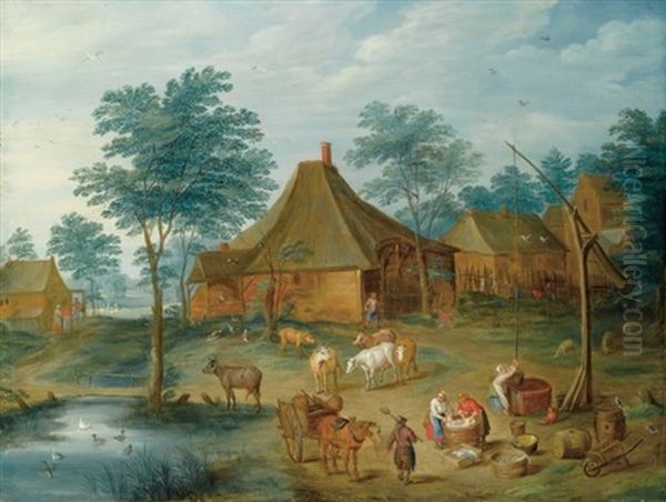 A Farmyard With Peasants Washing Clothes Near A Draw-well, A Peasant With His Horse-drawn Cart In The Foreground And A Shepherd With His Cattle Near A Farmhouse - view 1