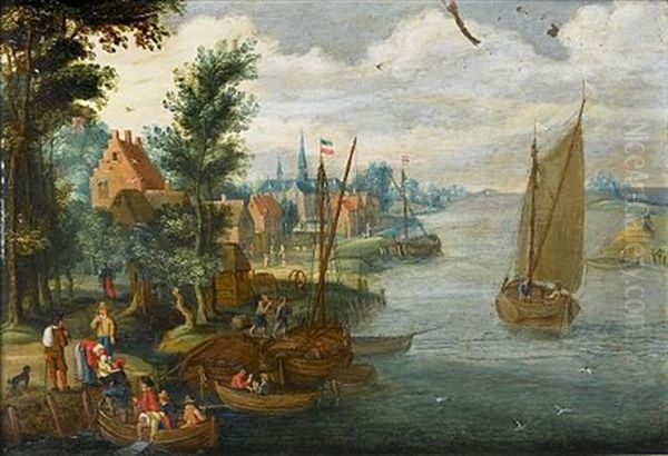 A River Landscape With Figures Loading Barges And A Ferry In The Foreground, A Village Beyond - view 1