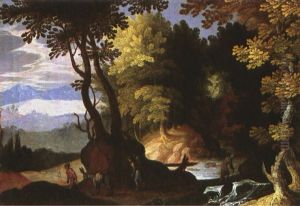 Landschaft Mit Gebirgsbach Und Personenstaffage