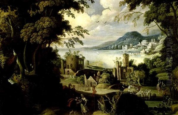 Paysage Vallonne Le Long D'une Baie, Anime De Voyageurs, Bergers Et Betail - view 1