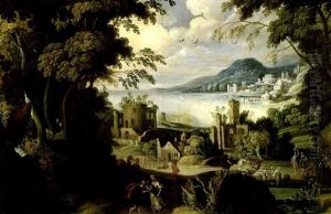 Paysage Vallonne Le Long D'une Baie, Anime De Voyageurs, Bergers Et Betail by Isaac Van Oosten