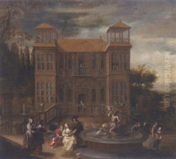 A Country House With Elegant Company Playing Music And Cavorting In The Courtyard - view 1
