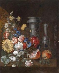 A Still Life Of Flowers And Fruit With Two Magnificent Blue And White Vessels by Jean Baptiste Belin de Fontenay