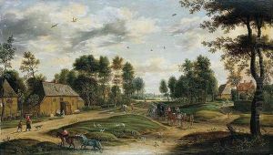 A Landscape With A Waggon And Other Figures Passing Through A Village by Isaac Van Oosten