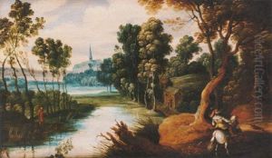 A Wooded River Landscape With A Rider And His Dog In The Foreground, A Monastery In The Distance Beyond by Isaac Van Oosten