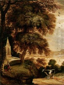 A River Landscape With A Maid Halted With Her Cattle On A Path Before A Chapel
