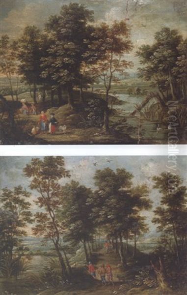 Wooded River Landscape With Travellers Conversing - view 1