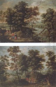 Wooded River Landscape With Travellers Conversing
