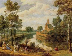 Elegant Figures Walking Along With A Manor House In The Distance