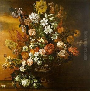 A Still Life Of Lilies, Roses, Sunflowers,poppies And Other Flowers In A Gilt Bronze Vase On A Stone Ledgewith A Red Admiral And A Cabbage White Butterfly