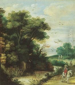 A River Landscape With A Falconer And Other Figures On A Path