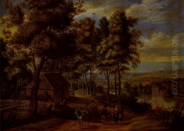 A Wooded River Landscape With Travellers Conversing On A Path, A Country House Beyond - view 1