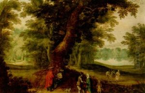 A Wooded Landscape With Travellers Resting by Isaac Van Oosten