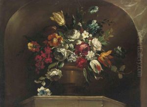 Roses, Tulips And Other Flowers In An Urn On A Ledge, In A Stoneniche