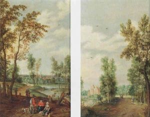 A River Landscape With Travellers And Their Dogs Resting In The Foreground, A Village In The Distance by Isaac Van Oosten