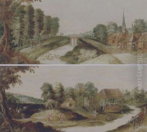A Riverside Village With Travellers On A Path Near A Bridge A Riverside Village With Travellers On A Path Near A Bridge