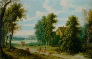 An Extensive Wooded Landscape With A Falconer And His Hoop On A Path, Countryfolk And Sheep Beyond